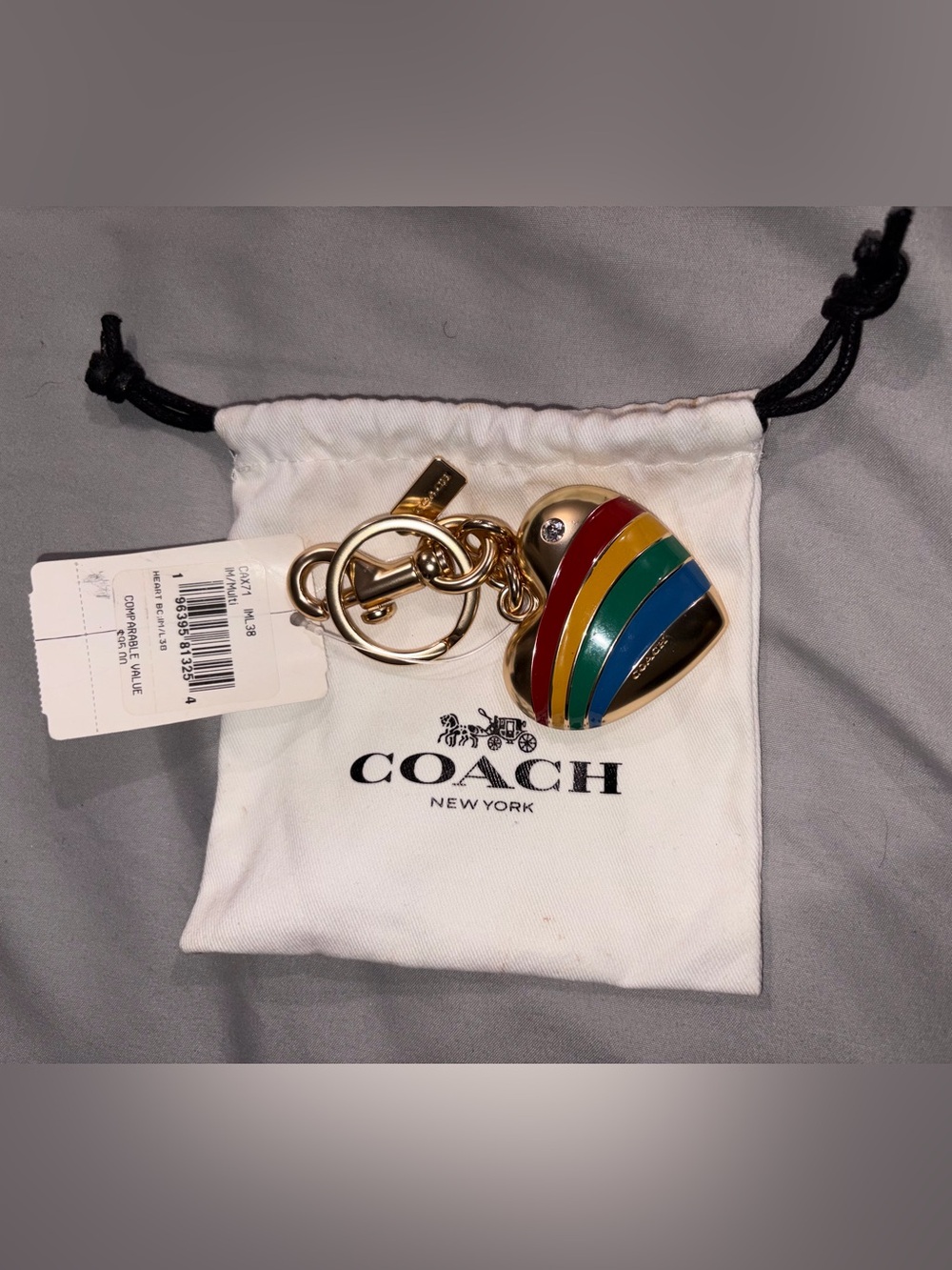 COACH Rainbow Stripe Heart Keychain - Gold